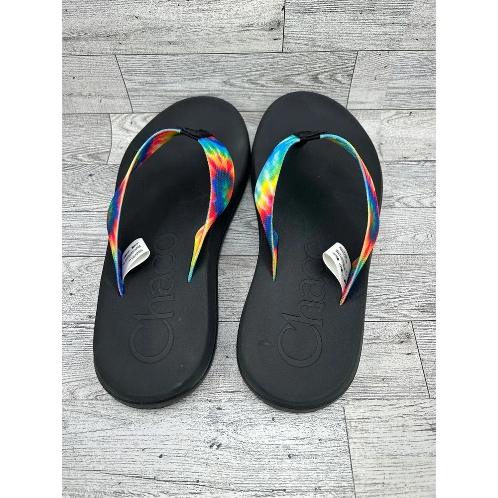 Chaco‎ Mens Tie Dye Flip Flops JCH108035 Black Thong Sandals Size 8 Rainbow